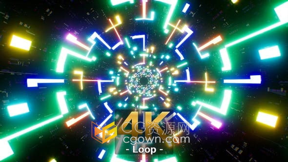 VJ抽象彩色锯齿形迷宫隧道发光背景视频素材4K分辨率