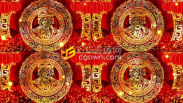 2020春节喜庆春福字灯笼新年装饰图案晚会舞台背景视频素材下载