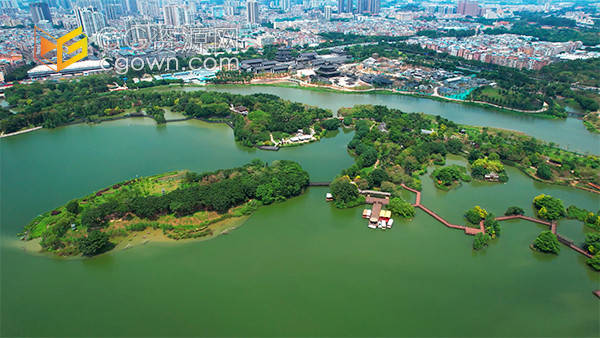 广州海珠区海珠湖公园景色航拍视频素材