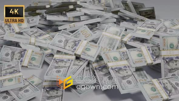 视频素材-4K一扎扎美元钞票掉落成金钱堆动画免费下载