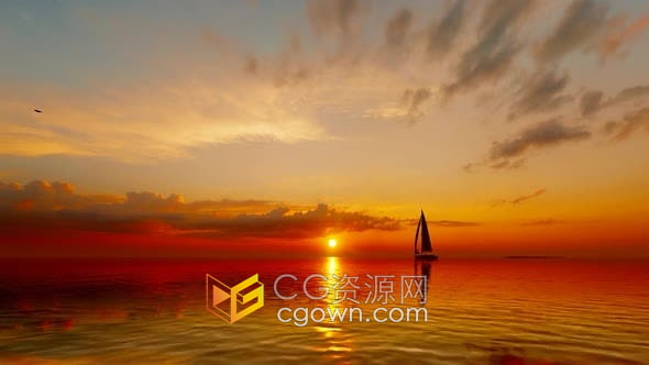 视频素材-美丽夕阳日落波光粼粼海平面帆船剪影景观