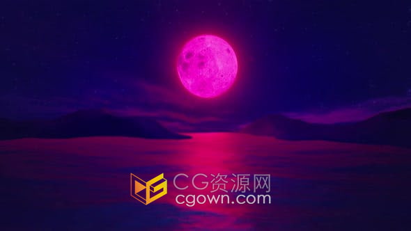 视频素材-复古风潮霓虹满月映照在水面的景观