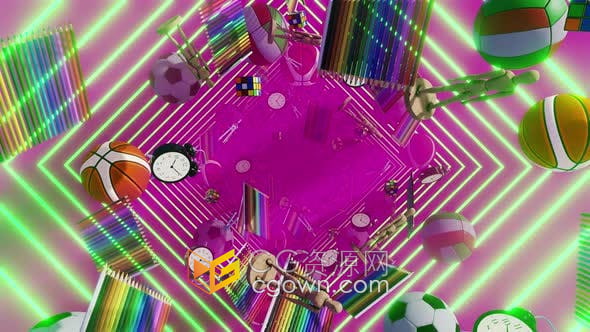 视频素材-多彩创意有趣学校场景教育背景元素动画