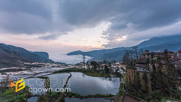 壮观清晨云海梯田云雾风起云涌延时风光视频素材