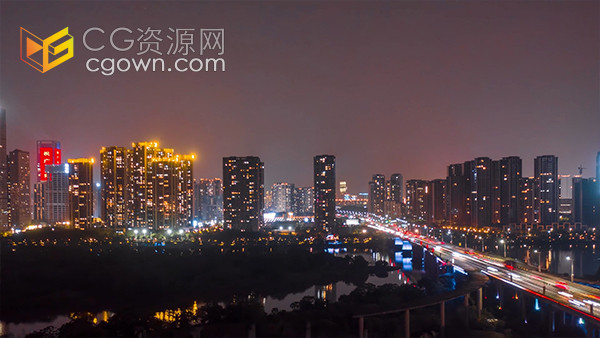 延时大气城市夜晚俯瞰夜景车流移动