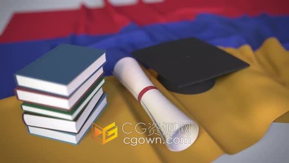 视频素材-亚美尼亚国旗上的毕业帽书书籍证书适用学术研究和高等教育主题