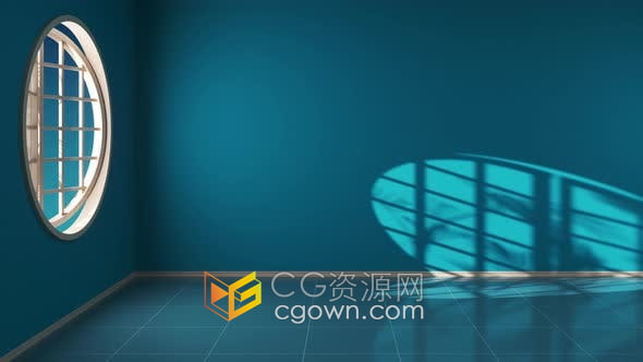 视频素材-带圆窗的蓝色空房间里光影飞掠时光流逝