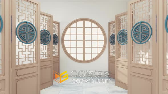 视频素材-极具东方美韵中国风元素穿过中式房间木质屏风装饰圆窗打开背景