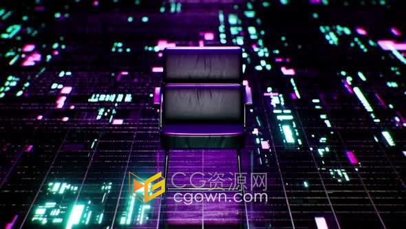 视频素材-霓虹灯照明黑色椅子在网络空间地板上技术广角视图4k循环背景