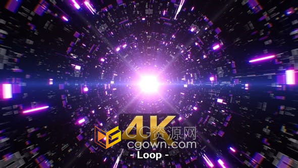 VJ素材-紫色科技隧道循环4K发光耀斑视觉艺术背景视频