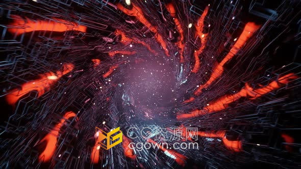 VJ素材-隧道中橙红色火焰的高科技建筑动画工厂工业技术视频背景