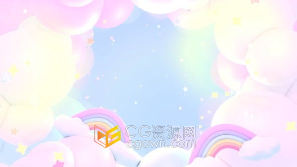 视频素材-轻微相机旋转穿过卡通柔和梦幻彩虹云和星星动画背景