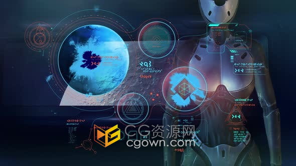 视频素材-宇宙飞船中的机器人操作全息面板外星人风格虚拟人工智能动态海报