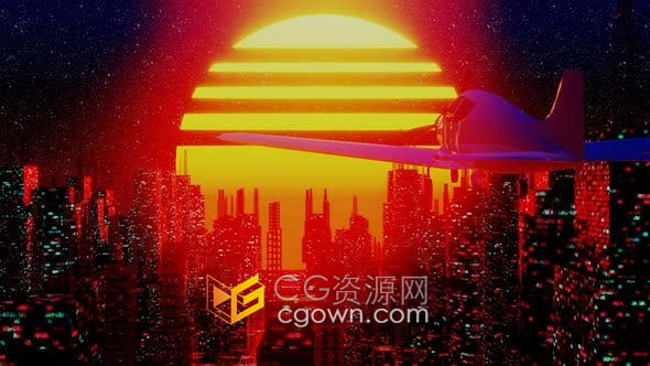 视频素材-复古度假之旅霓虹灯背景飞机飞越复古未来城市空间