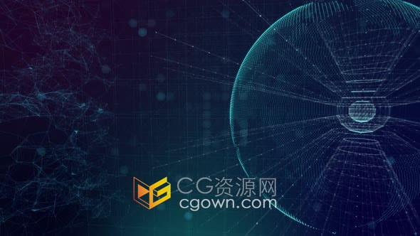 视频素材4K蓝绿色神经丛网格地球全息图和圆点移动数字技术抽象动画