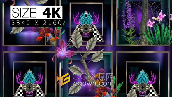 视频素材-魔法植物花卉生长动画金属摇滚雷鬼音乐艺术背景