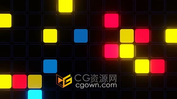 视频素材-闪烁着多色霓虹灯的方块缓缓掉落下降酒吧餐馆VJ Loop动画