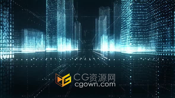 视频素材-3D抽象蓝色数字概念城市建筑景观未来感智能科技背景