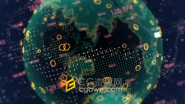 视频素材-4K数字六边形发光图形元素全息地球全球网络技术介绍视频背景