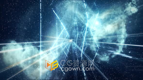视频素材-蓝色银河桥霓虹灯云层空间地面反射粒子效果艺术科技感发光隧道