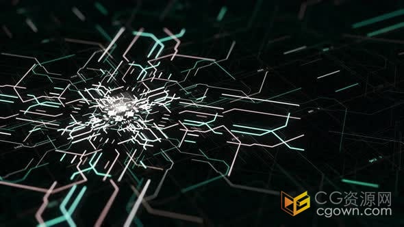 视频素材-带电信号快速流入电路板传输移动光束能量LED屏幕抽象技术背景