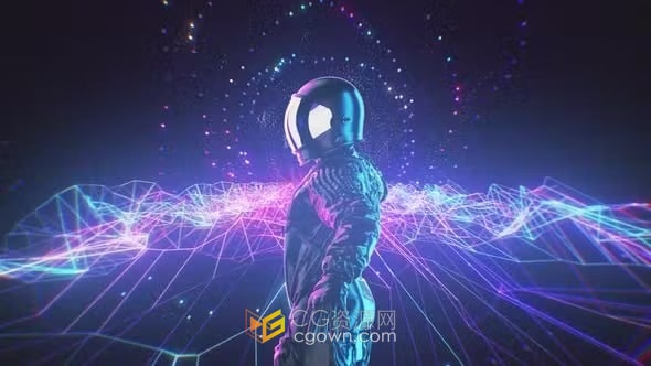 有趣的舞蹈宇航员与霓虹灯复古灯脉动闪烁舞台背景VJ素材