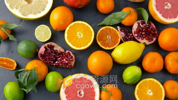 实拍素材-石桌上柠檬柑橘橙子石榴柚子等新鲜水果特写
