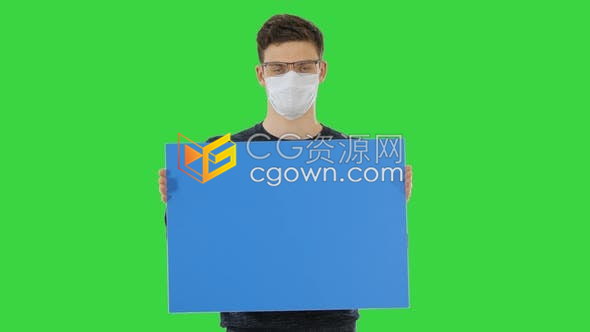 年轻人带着医用口罩举着标语牌使用绿色屏幕背景实拍视频素材下载