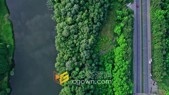 绿色夏日森林和蓝河之间道路无人机航拍视频素材