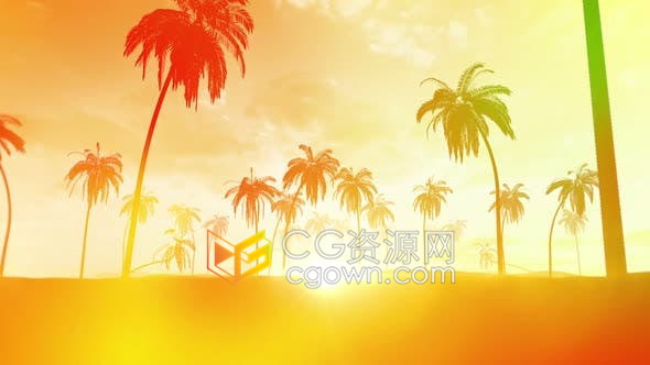 视频素材夏天炎热热带海滩椰子树日落循环动画VJ背景效果