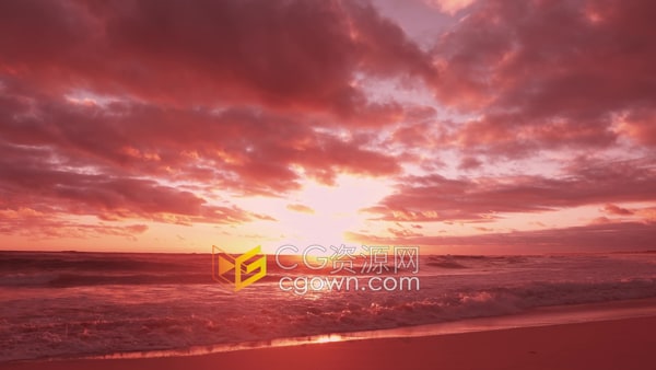 实拍视频素材-海滩海浪上夕阳红云背后金黄色太阳光洒海面