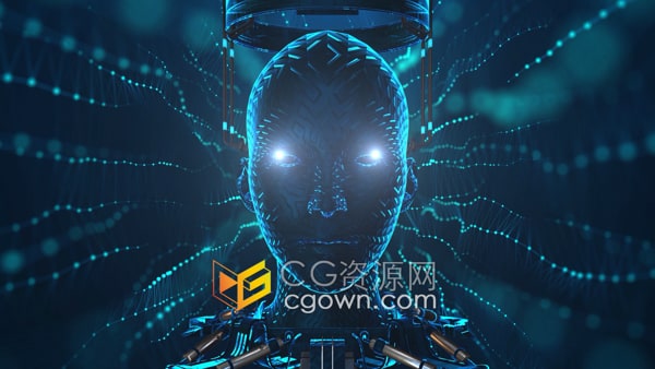 发光眼睛机械部件数据流AI机器人头部动画4K视频素材