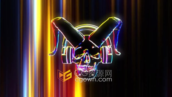 激光射线霓虹灯带耳机角骷髅头骨4K背景VJ视频素材