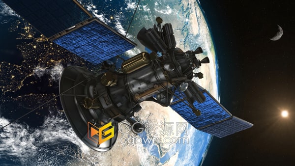 卫星绕地球运行特写镜头远处有太阳月亮背景视频素材4K