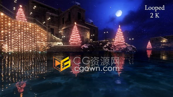 视频素材2K分辨率冬季城市圣诞节下雪点亮灯光房子场景动态背景素材