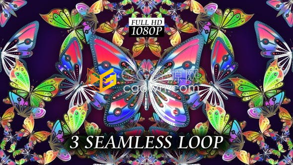 视频素材-3种效果七彩蝴蝶无缝循环动画VJ背景素材下载