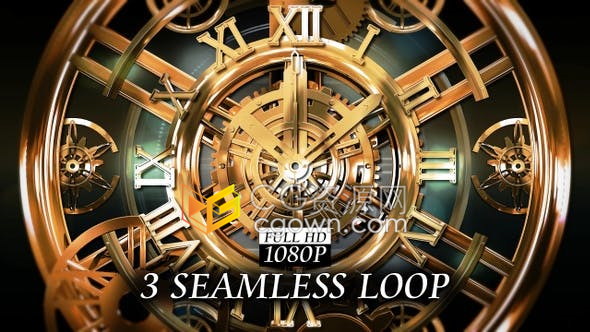 背景视频素材-金色时钟表机械齿轮3D场景动画循环VJ素材效果