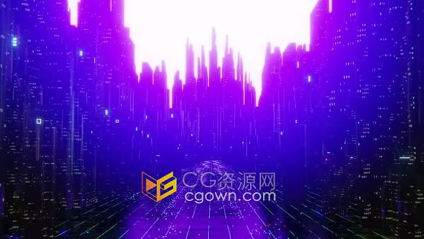 抽象未来派城市靛蓝黎明建筑物赛博朋克背景视频VJ素材