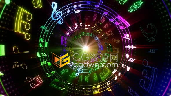 VJ视频素材-七彩音符号发光隧道音乐会舞蹈庆典屏幕动态背景素材