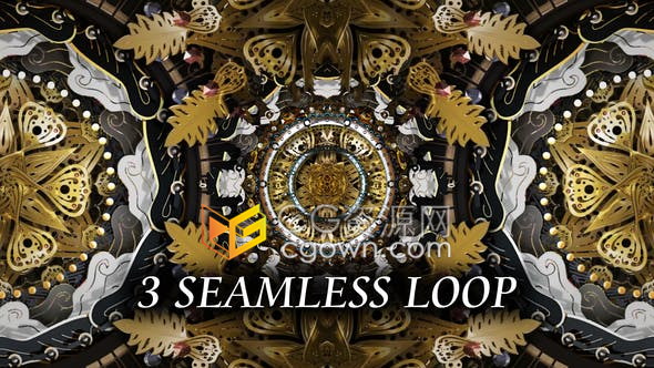 VJ素材-3种金色优雅高贵装饰元素动画万花筒背景屏幕视频素材