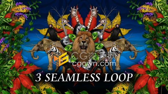 背景视频素材-森林动物世界大象猴子狮子斑马树木场景循环动画动态VJ素材