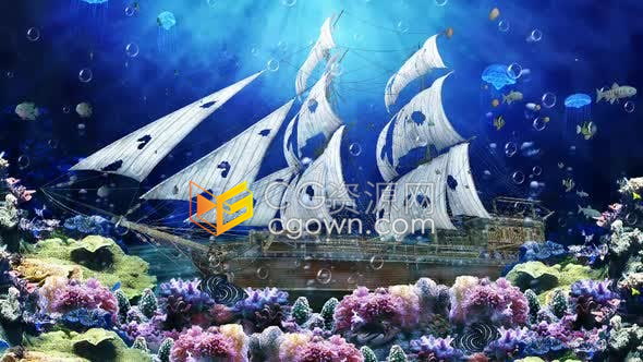 4K视频素材-海底沉船礁石水母鱼珊瑚动态背景循环LED屏幕Vj素材