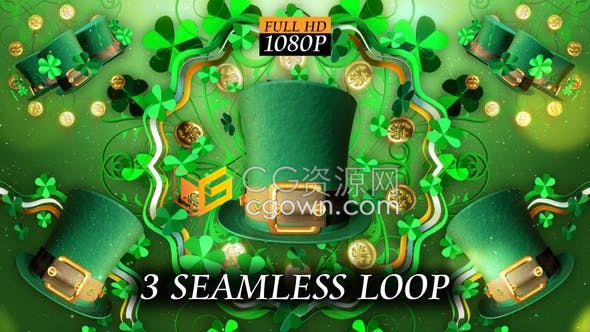 背景视频素材-圣帕特里克节大帽子三叶草绿色主题动画背景素材