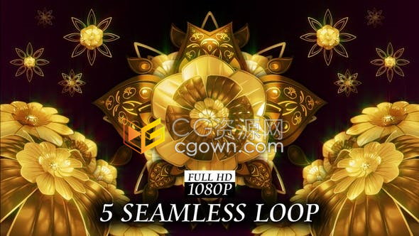 视频素材-金属金色花卉叶子动画优雅高贵养生调理VJ动态背景素材