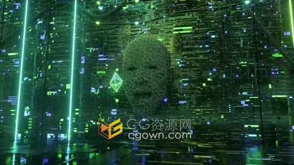 服务器机房中人脸像素吃掉货币符号人工智能加密发展理念3D动画视频