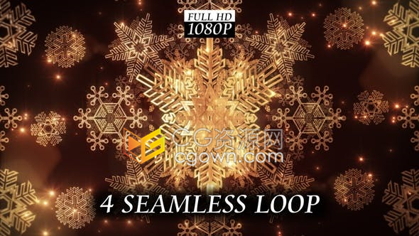 背景视频素材-3D金色冻结雪花无缝循环动画冬季活动LED屏幕VJ素材