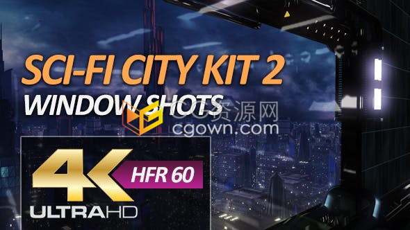 视频素材-窗口科技感室内往窗口外看科幻城市3D建筑物动画视频场景