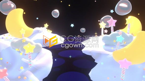 卡通视频素材-雪地发光星星拐杖糖月亮气泡儿童电视节目童话背景素材