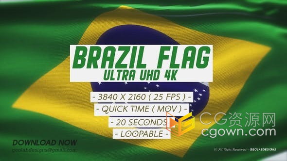 视频素材-巴西国家国旗超UHD 4K分辨率精细布料国旗循环动画背景