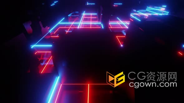 4K视频素材-抽象立方体霓虹城网格光线动画VJ素材动态背景